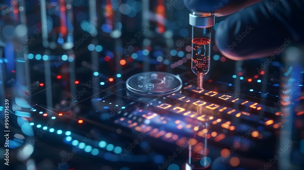 Poster close up of dna microchip in futuristic data retrieval device for genetic research and analysis