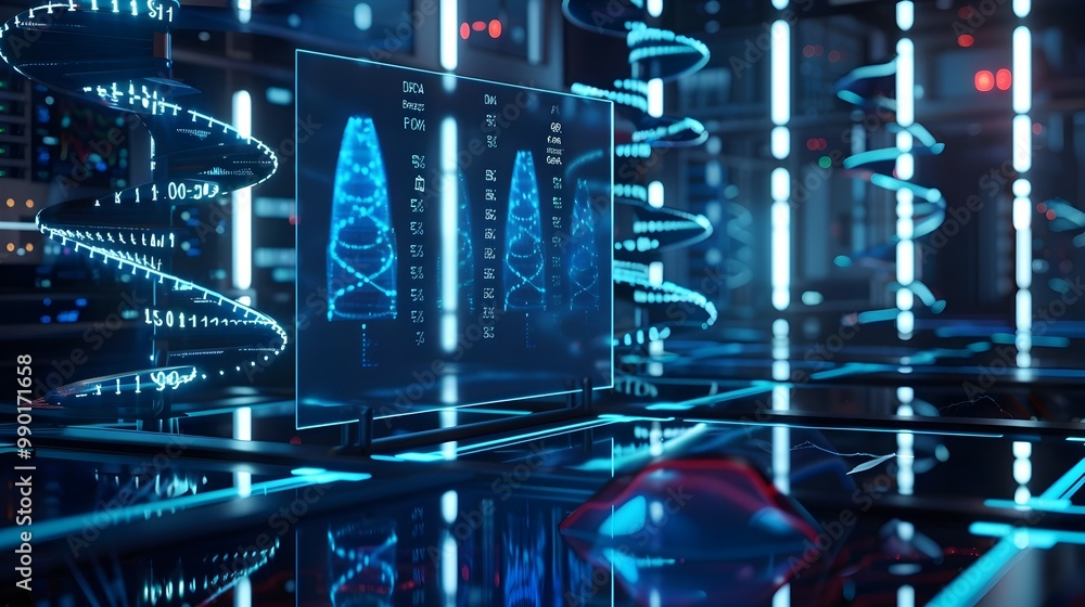 Poster futuristic dna storage lab with holographic display showcasing data transfer processes