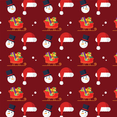 Christmas seamless pattern with snowman, gifts and Santa hat. Merry Christmas and Happy New Year.