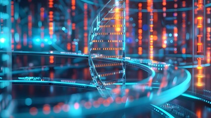 Futuristic DNA Storage Lab with Holographic Data Transfer Visualization