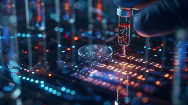 Close up of DNA Microchip in Futuristic Data Retrieval Device for Genetic Research and Analysis