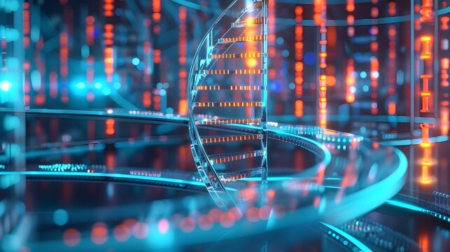 Futuristic DNA Storage Lab with Holographic Data Transfer Visualization - Powered by Adobe