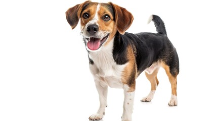 A charming dog standing on a pristine white background. The dog has an endearing expression and a confident stance. Its fur might be soft and shiny. The white background makes the dog stand out promin