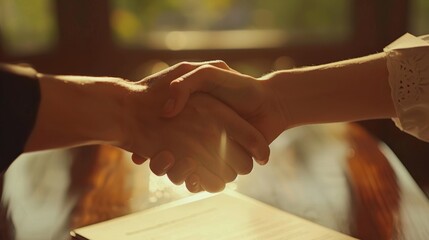 Obraz premium Two hands engaging in a handshake to signify agreement during a business meeting in a sunlit office setting