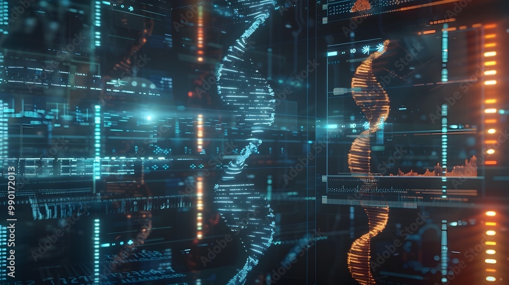 Poster futuristic digital archive with holographic interfaces showcasing dna encoded data backups