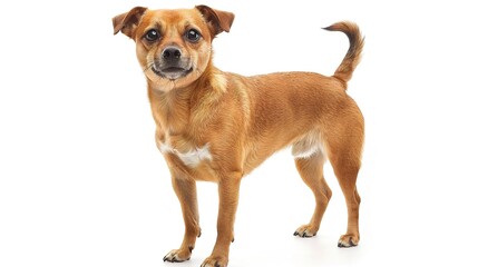 Obraz premium A charming dog standing on a pristine white background. The dog has an endearing expression and a confident stance. Its fur might be soft and shiny. The white background makes the dog stand out promin