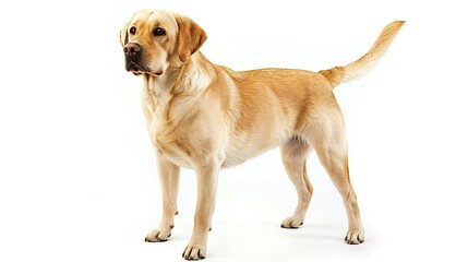 A charming dog standing on a pristine white background. The dog has an endearing expression and a confident stance. Its fur might be soft and shiny. The white background makes the dog stand out promin