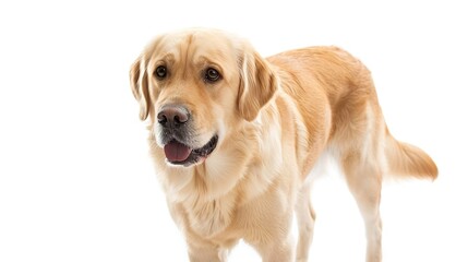 A charming dog standing on a pristine white background. The dog has an endearing expression and a confident stance. Its fur might be soft and shiny. The white background makes the dog stand out promin