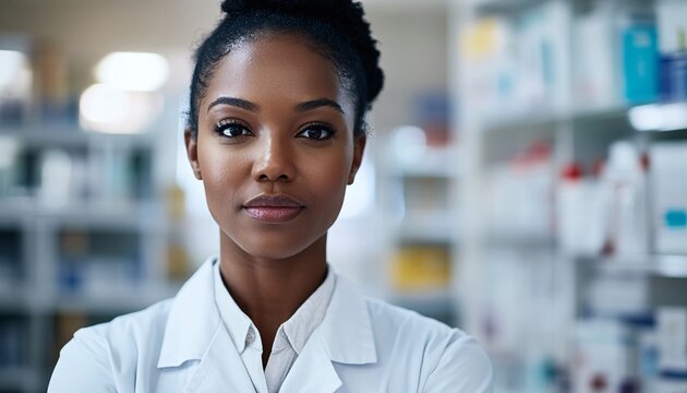 Confident pharmacist standing in a modern pharmacy, showcasing professionalism and dedication to health and wellness.