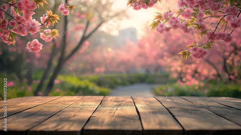 Poster charming sakura park setting with bokeh effects for mock-up display