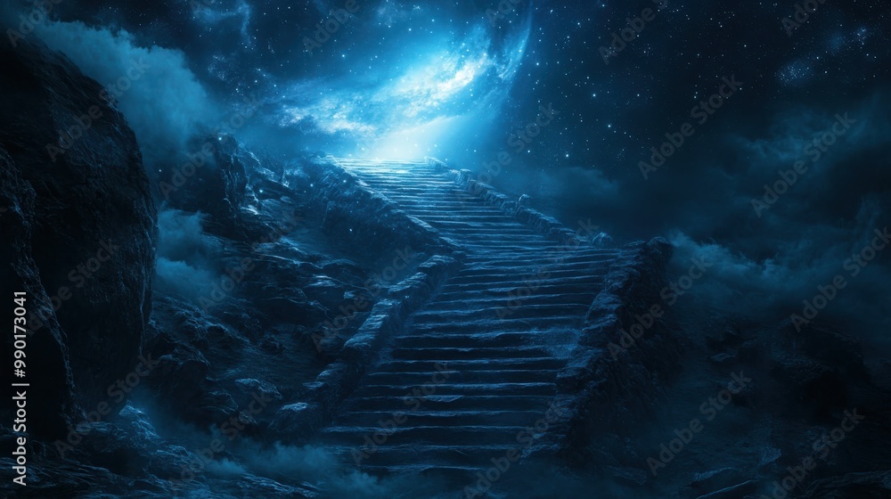 Poster Mystical staircase leading through clouds to a starry sky illuminated by a bright celestial glow at night