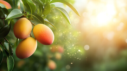 A close-up of ripe mangoes hanging from a tree branch in a sunlit environment.