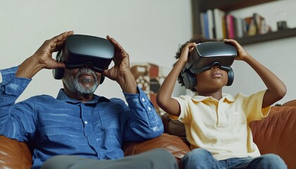 An elderly man and a young boy enjoying a virtual reality experience together, showcasing technology and family bonding.