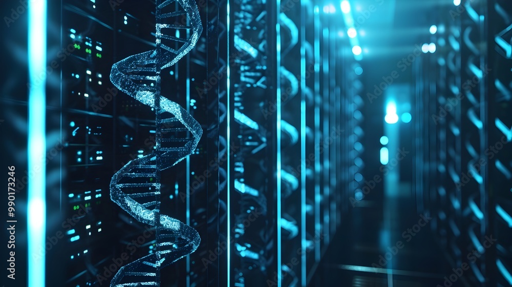 Poster high tech dna data storage facility with secure units emphasizing durability and security of dna enc