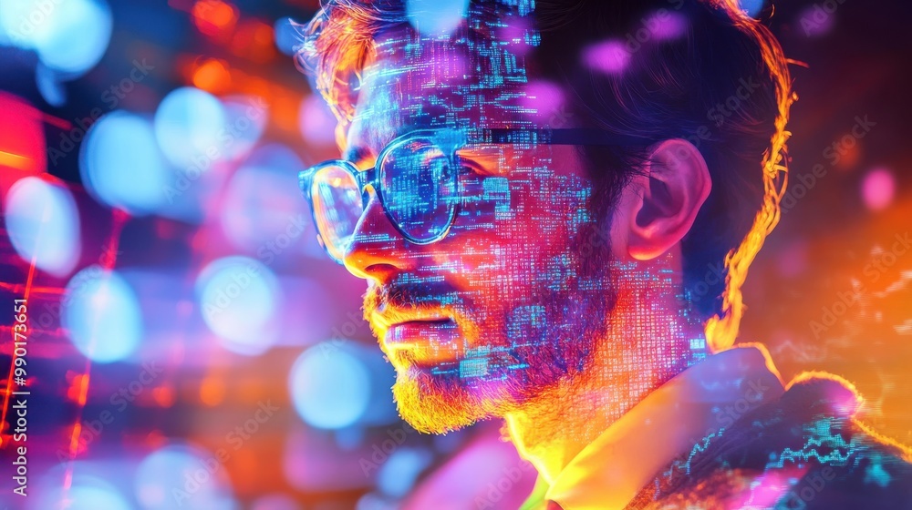 Aufkleber a man with glasses surrounded by vibrant digital graphics in a modern, illuminated environment at ni