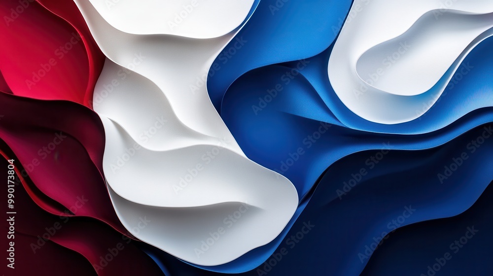 Poster wavy fabric in red, white, and blue colors create an abstract artistic representation of patriotism 