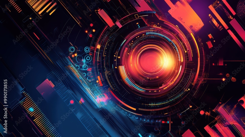 Poster Futuristic abstract design with glowing elements and vibrant colors on a dark background in a digital art style