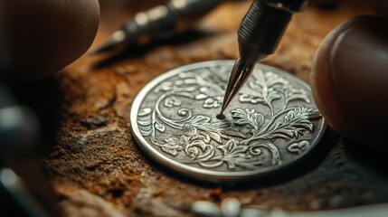 Close-up of a jeweler engraving a custom design onto a silver pendant, using a specialized engraving tool for detail work