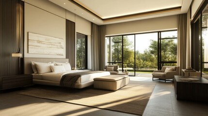Naklejka premium Contemporary bedroom with large windows overlooking a serene garden in midday light