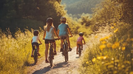 Fototapeta premium Family biking on a sunny trail surrounded by wildflowers in the late afternoon during summer