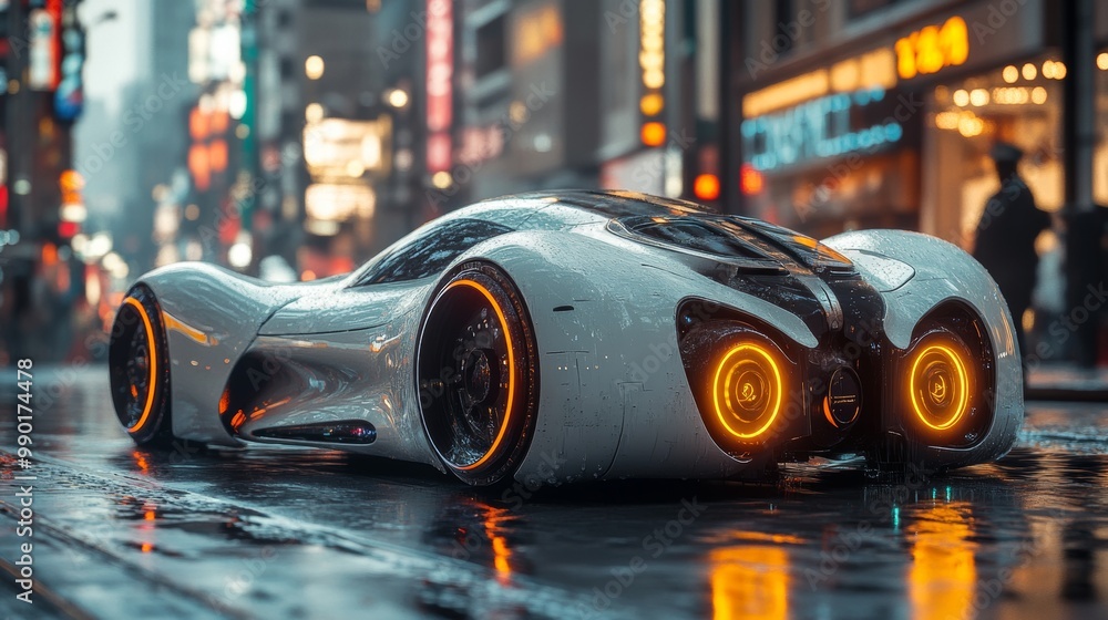 Canvas Prints Futuristic Car in a Rainy City