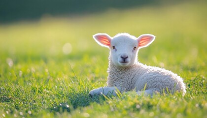 Obraz premium A cute lamb resting on green grass under soft sunlight, showcasing its fluffy wool and innocence in a serene pasture.