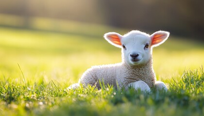 Obraz premium A cute lamb resting on lush green grass, basking in the warm sunlight with a peaceful expression in a serene countryside setting.