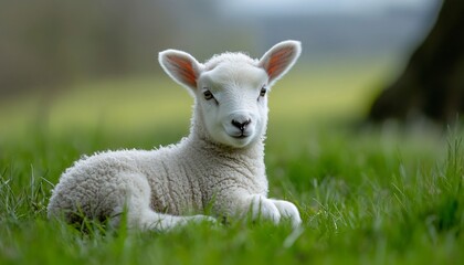 Obraz premium A charming young lamb resting on green grass, showcasing its soft wool and curious expression in a serene outdoor setting.