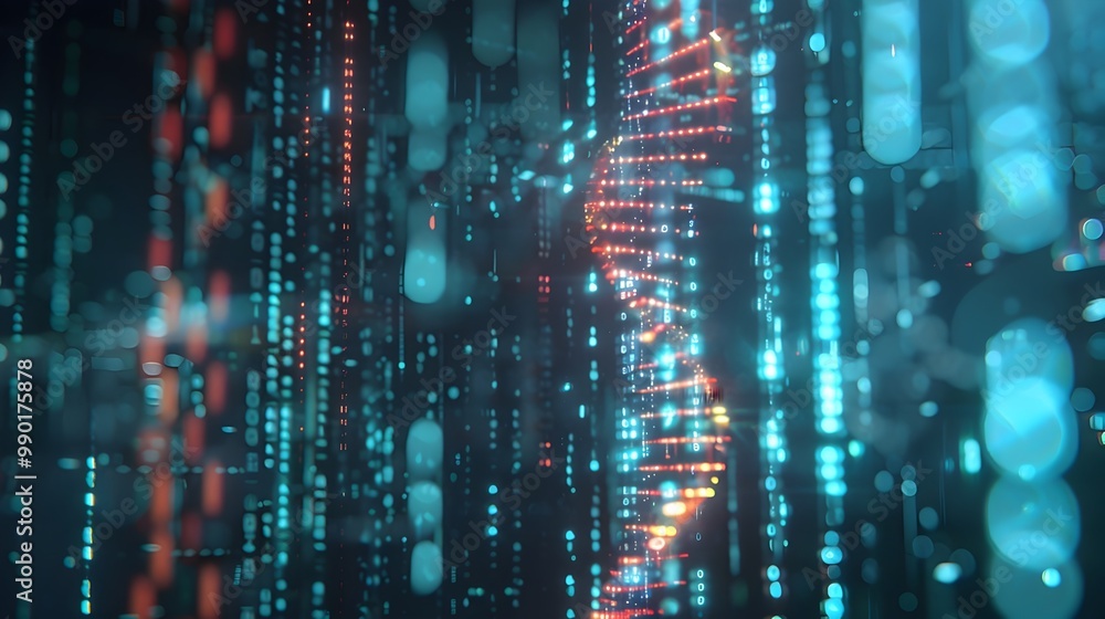 Poster digital dna data storage and retrieval interface concept with blurred glowing backdrop