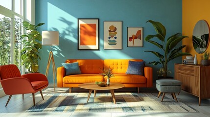 Modern living room with orange sofa, blue accents, and plants