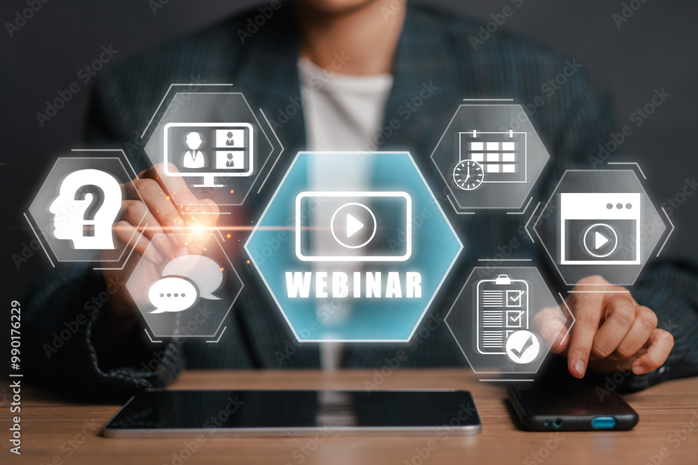 Poster businessman interacting with virtual webinar icons on digital interface, representing modern online 