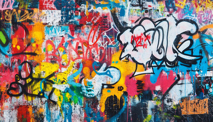 Obraz premium A graffiti-covered urban wall, showcasing vibrant colors, bold lines, and an edgy, artistic vibe