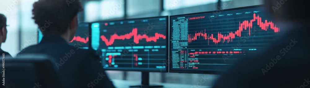 Poster focused individual analyzing market trends on multiple screens displaying stock charts and financial