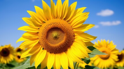 Fototapeta premium Discover the charm of sunflower fields, where vibrant blooms embody joy and warmth under the bright suns embrace.