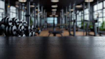 Black tabletop in the gym with barbells and dumbbells. Empty countertop mockup for sports nutrition product presentation