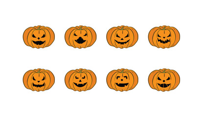 Vector icon set for Jack-O'-Lanterns with various expressions. Hand-drawn orange pumpkins showcasing a range of emotions from happy to evil, perfect for Halloween decor.