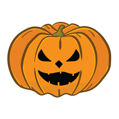 Vector icon for a smiling Jack-O'-Lantern with a wide grin. Hand-drawn orange pumpkin with carved eyes and a large, toothy smile, perfect for Halloween designs.