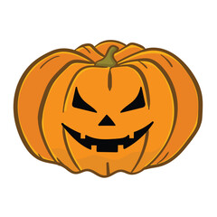 Vector icon for a happy Jack-O'-Lantern with a cheerful grin. Hand-drawn orange pumpkin, featuring a bright, joyful expression, ideal for festive Halloween themes.