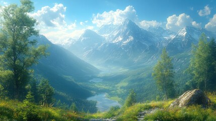 Serene mountain landscape with lush greenery and a tranquil lake.