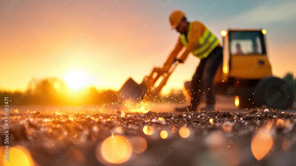 Poster construction workers building a new highway segment, demonstrating the massive scale of infrastructu
