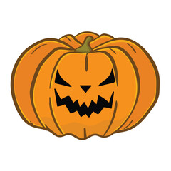 Vector icon for a mischievous Jack-O'-Lantern with a sly grin. Hand-drawn orange pumpkin with narrow eyes, symbolizing a playful and slightly evil Halloween character.