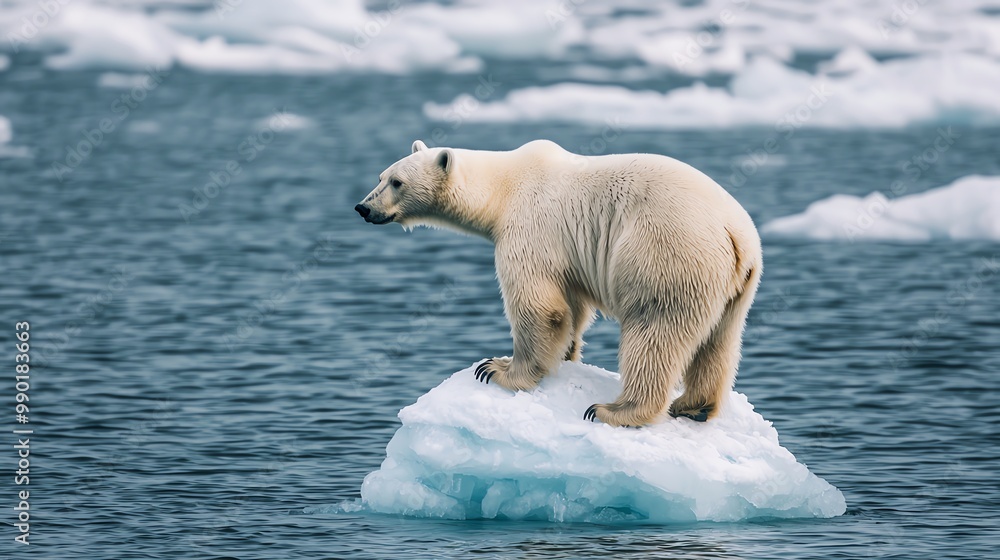 Wall mural polar bear stranded on a small iceberg surrounded by open water, climate change impact, symbol of ar