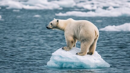 Polar bear stranded on a small iceberg surrounded by open water, climate change impact, symbol of arctic ice melt © LittleDreamStocks