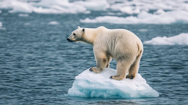 Polar bear stranded on a small iceberg surrounded by open water, climate change impact, symbol of arctic ice melt
