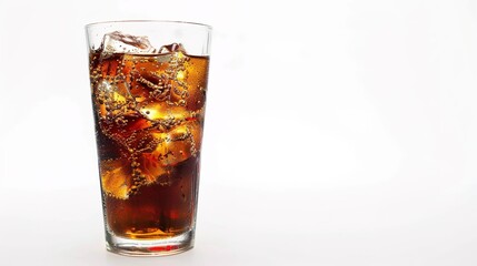  A refreshing drink placed on a pure white background. The drink has an enticing color and an appealing shape. There might be condensation on the glass, adding a touch of freshness. The white backgrou