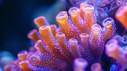 Fototapeta premium Close-up of vibrant orange and purple coral polyps underwater