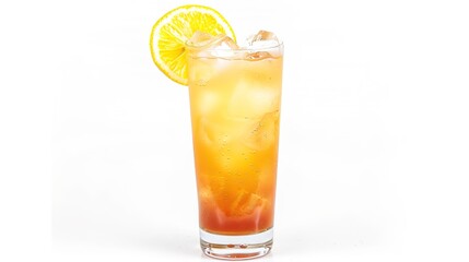 Fototapeta premium A refreshing drink placed on a pure white background. The drink has an enticing color and an appealing shape. There might be condensation on the glass, adding a touch of freshness. The white backgrou