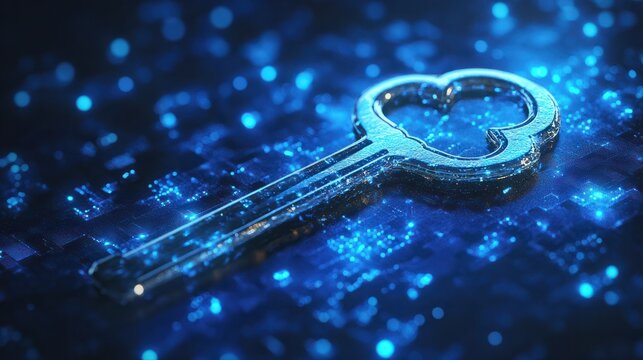 key on blue background, safety and data protection in the online and cyber concept, digital asset and blockchain technology security