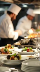 Elegant Restaurant with Chefs Preparing Gourmet Dishes