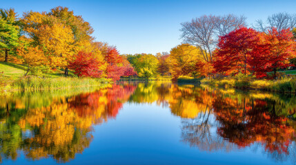 Fototapeta premium Vibrant autumn landscape reflecting colorful trees in serene lake, bright blue sky overhead, nature's beauty in full display